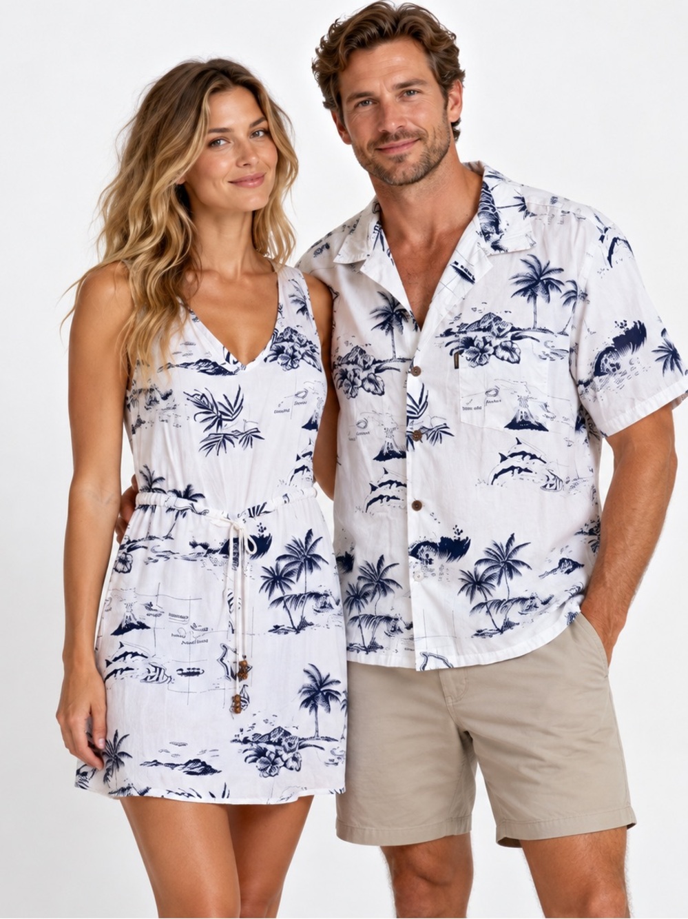 Palmwave Matching Hawaiian Couple Set Dress M Shirt LG Blue White Aloha Hawaii